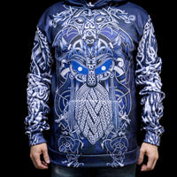 Felpa con cappuccio vichinga \"Fenrir e Odino - Duello del destino Felpa con cappuccio vichinga \"Fenrir e Odino - Duello del destino