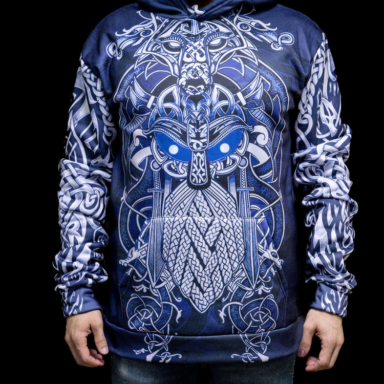 Felpa con cappuccio vichinga \"Fenrir e Odino - Duello del destino Felpa con cappuccio vichinga \"Fenrir e Odino - Duello del destino