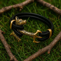 Bracciale vichingo Testa di Fenrir in cuoio