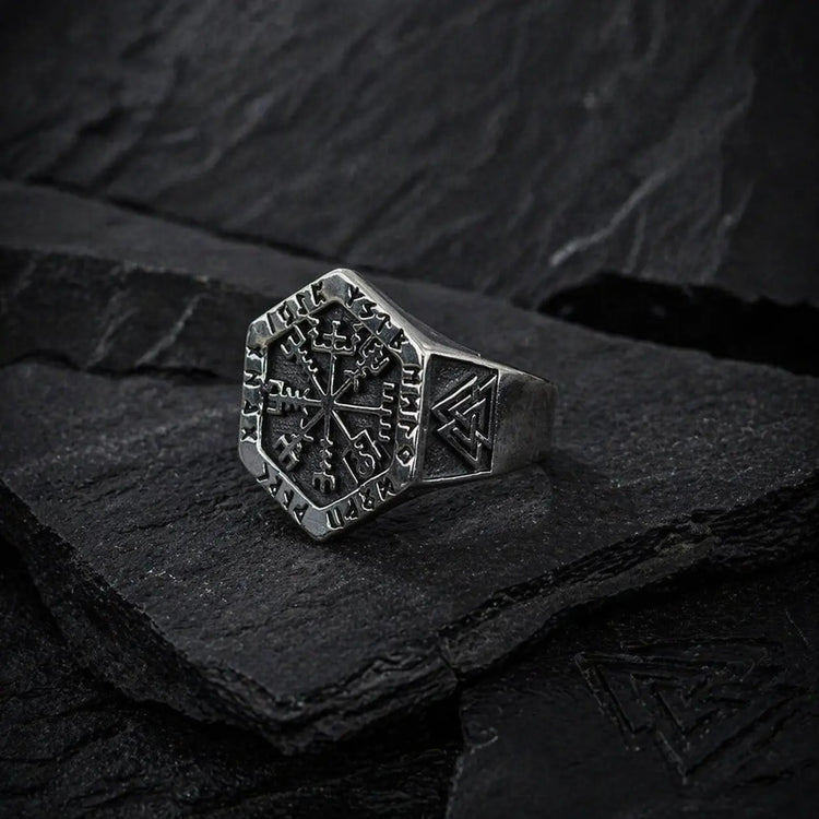 Chevalière vichinga con runa Vegvisir - Acciaio inossidabile