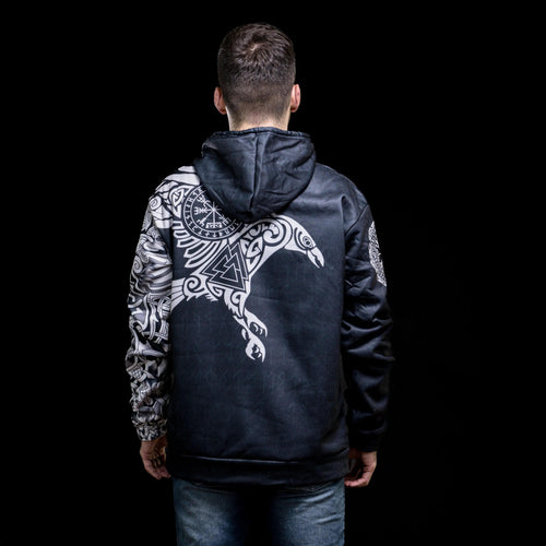 Vêtement Hoodie Viking "Corbeau Majestueux - Symboles Sacrés d'Odin" - Odins Hall