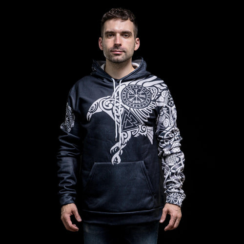 Vêtement Hoodie Viking "Corbeau Majestueux - Symboles Sacrés d'Odin" - Odins Hall