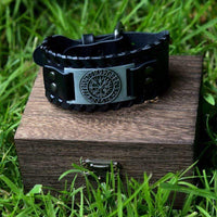 Bracciale in pelle nera - Runa vichinga