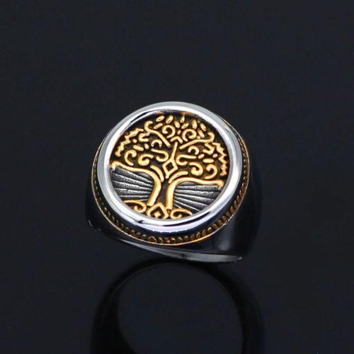 Bague Chevalière arbre de vie doré acier inoxydable - Odins Hall